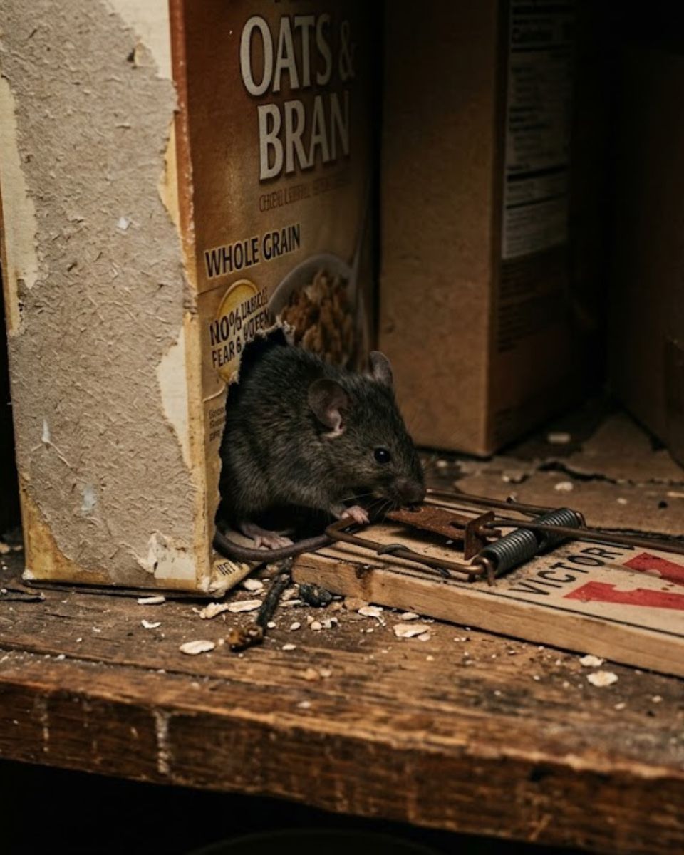 Mice control services — house mouse trap deployed inside a Waco home kitchen cabinet