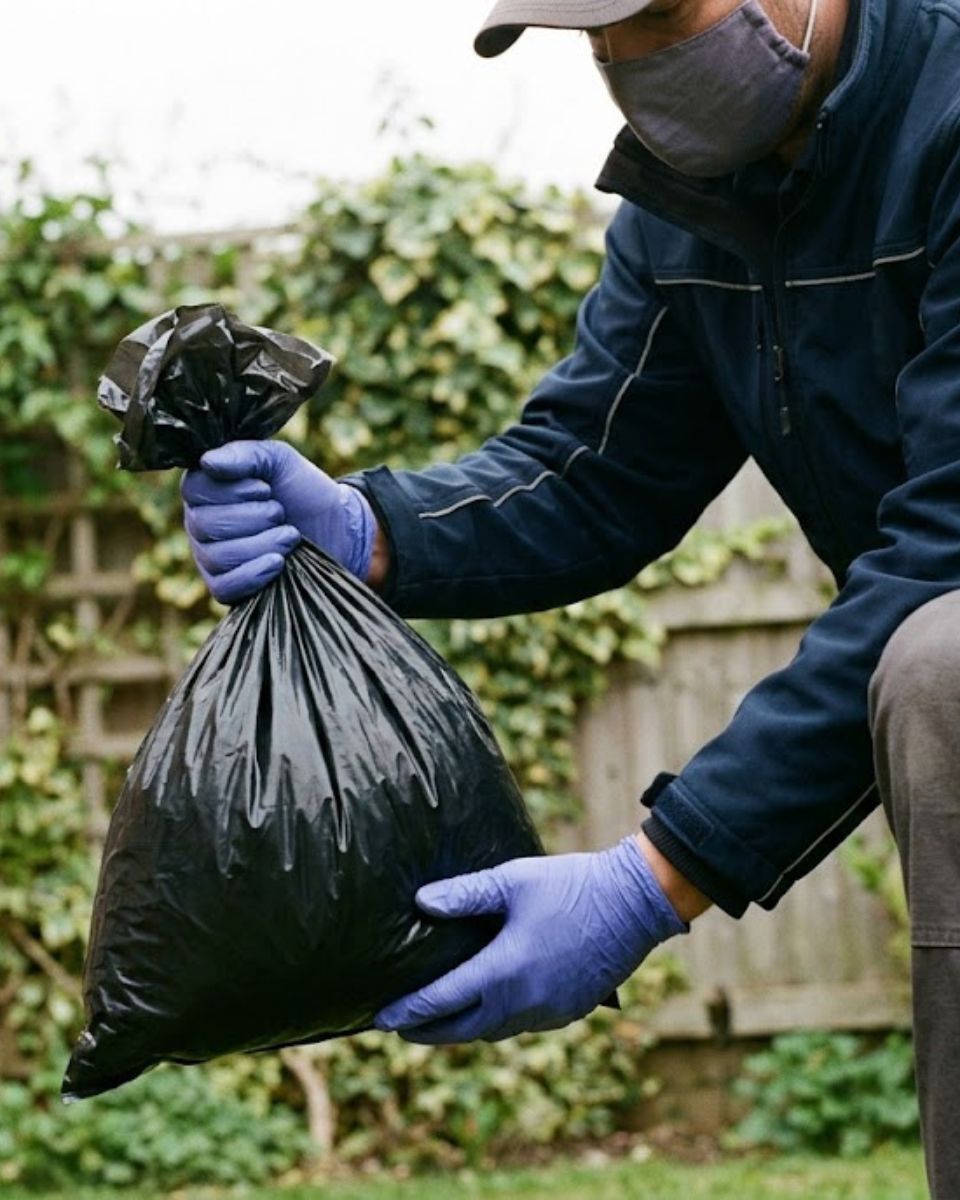 Professional rodent removal service — technician in PPE removing rodent from crawl space